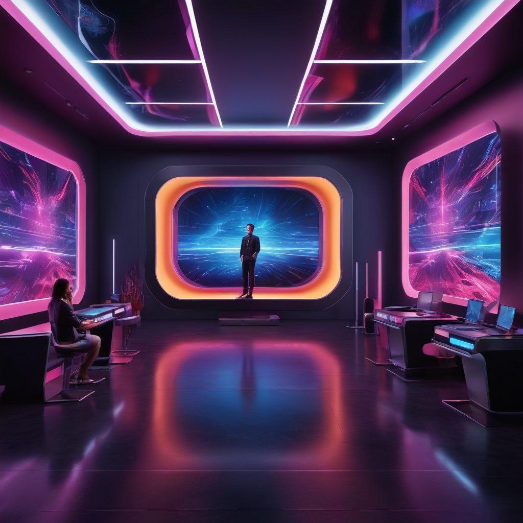 A futuristic adult streaming studio with sleek technology and vibrant neon lights, showcasing a confident presenter in stylish attire, surrounded by interactive screens displaying digital content. Emphasize an inviting atmosphere with abstract art elements and a diverse audience engaged with the content. Highlight the innovative nature of adult streaming with a mix of modern decor and futuristic elements. super-realistic. vibrant colors. 3D.