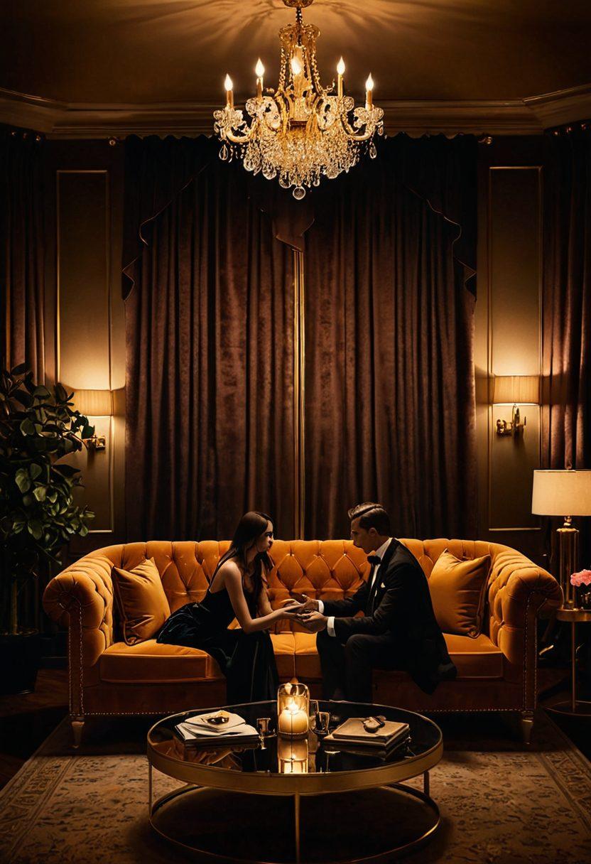 An elegant and sensual illustration featuring a luxurious velvet couch in a dimly lit room adorned with stylish decor. The scene hints at intimacy and exclusivity, showcasing silhouettes of glamorous individuals engaging in playful conversations. Subtle gold accents and soft candlelight create an inviting atmosphere. The title "Unlocking Premium Adult Entertainment" is artistically integrated into the design. super-realistic. warm colors. cozy ambiance.