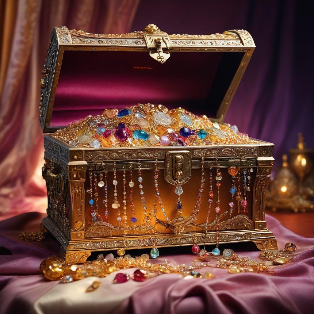 A luxurious treasure chest overflowing with delicate, shimmering jewels symbolizing hidden desires, set against an inviting and softly lit background. Subtle silhouettes of figures in playful poses add a hint of eroticism without being explicit. Lush fabrics and exotic textures surround the chest, enhancing a sense of opulence and allure. The atmosphere should feel warm and enticing, sparking curiosity about the content. super-realistic. vibrant colors. soft lighting.